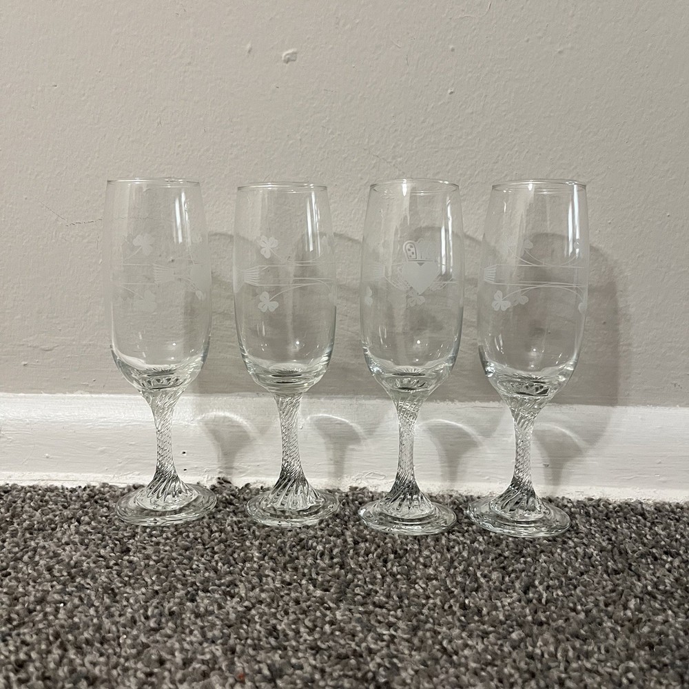 Set of 4 Eamon Glass Dublin CLADDAGH & Shamrock Champagne Flutes, 6 oz, 1990