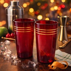 Vintage Ruby Red Highball Glasses Gold Band MCM Barware Set of 2 Retro