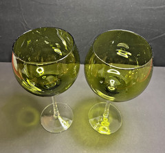 Handblown 8.25” Glass Balloon Wine Goblets Clear Stems Set Of 2