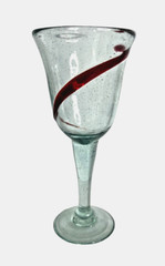Mexican Hand Blown Art Glass Sea Green W/ Red Swirl Wine Water Goblet 16 oz 8.5″