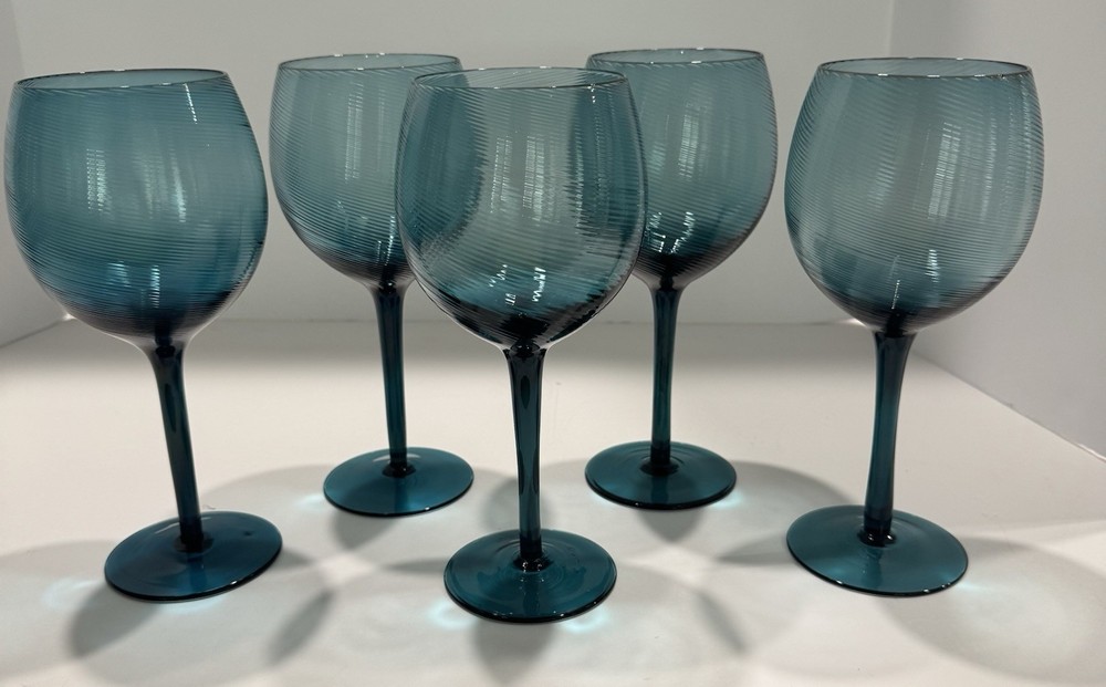 Vintage Pier 1? Ribbed Swirl Turquoise Wine Goblets 8.5”T Set Of 5