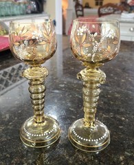 Pair Antique Bohemian Enameled Römer Wine Goblets Amber Heckert Moser Style 1895