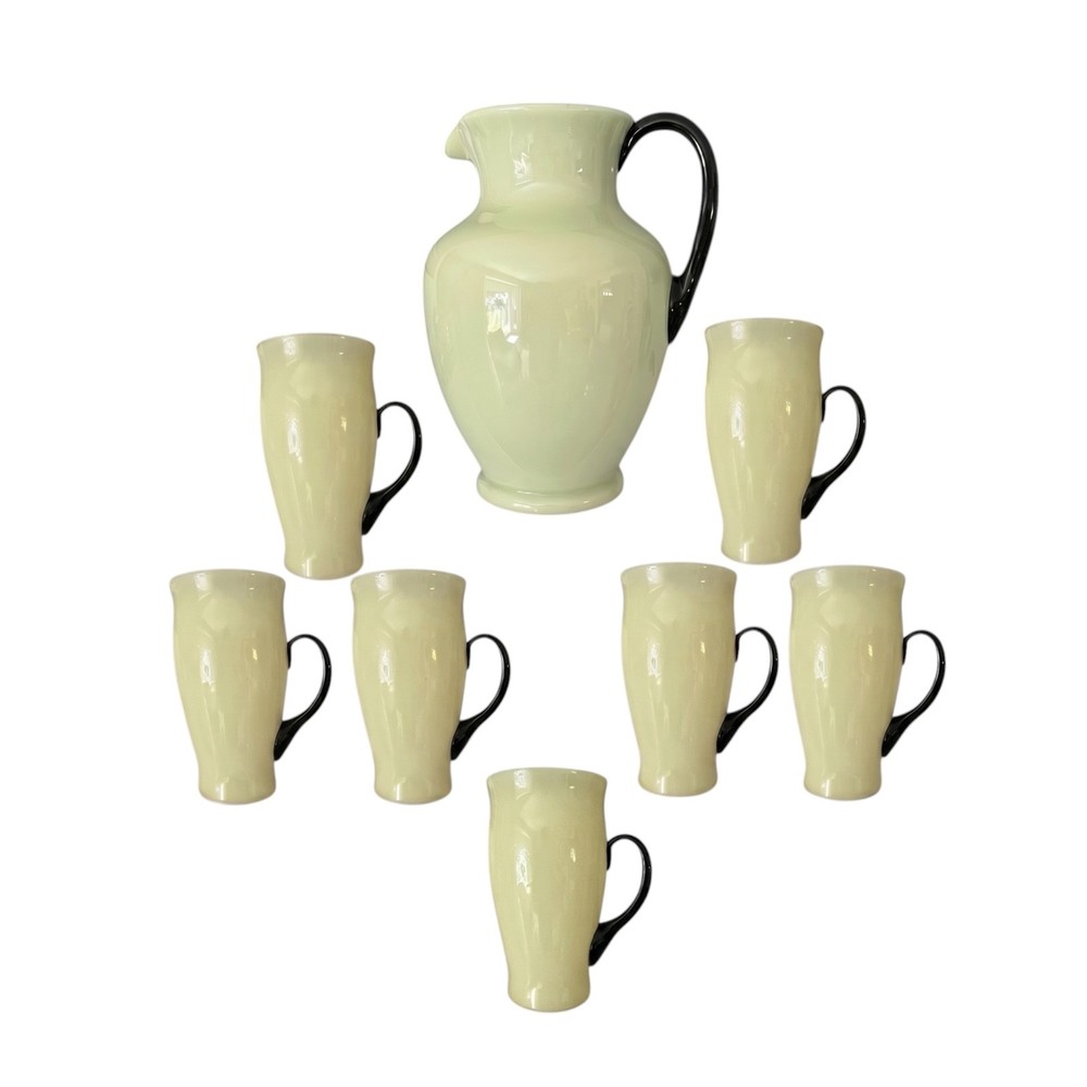 Rare Carder Steuben 7218 Iced Tea Set Ivory Black Pitcher 7 Tumblers 1930s