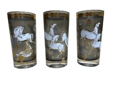 3 Vintage MCM Culver Ming Smokey Stallion Horse Gold 5.5″ HIGHBALL GLASSES