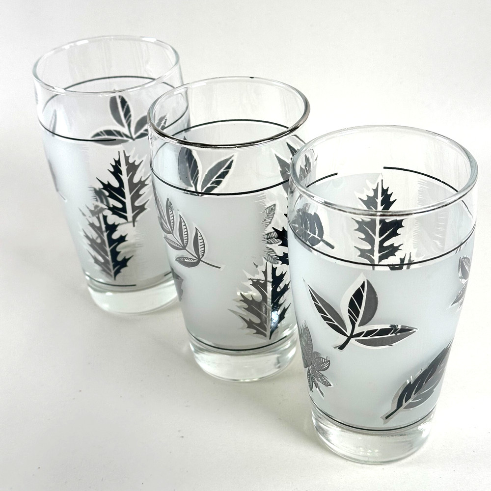 Libbey Silver Foliage 10 Oz Tumblers 1960s MCM Glasses Set of 3