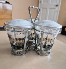 Mid-Century Glass & Aluminum Vintage Condiment 3 Glasses Set w/ Caddy & Lids