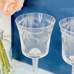 2 Vtg Bucket Air Twist Stem Etched Crystal Wine Chalice Glasses Art Deco Set