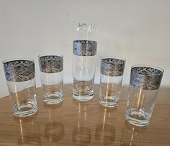 CULVER SORRENTO Vintage MCM Filigree Turquoise Pitcher & 4 Highball Glasses Set