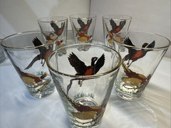 6 Hazel Atlas Pheasant Bar Glasses Old Fashion Ned Smith Game Birds 3 -5/8″