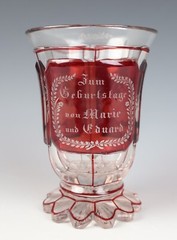 19thC. Bohemian German Engraved 3 Panel Beaker Twins Birthday Antique Ruby Glass