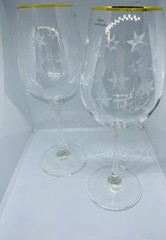 2 Vintage Etched Glass Atomic Star Burst Wine Glasses MCM Czech Gold Tone Trim