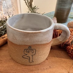 Handmade Ceramic Small Mug – Earthy Two-Tone Coffee Cup with Yoga Illustration