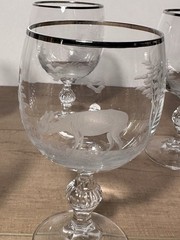 Set Of 6 Vintage Crystal Goblet Glasses Etched Engraved Wildlife Hunting 3” Dia.