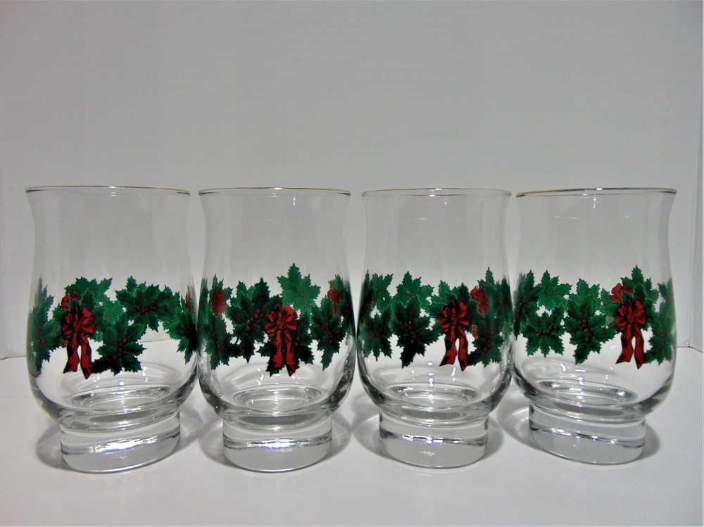 4 Libbey Holly And Berry Hurricane Style 12 oz Flat Tumblers LRS19 Gold Rim (OC)