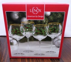 Lenox Holiday Wine Glass Set Of 4 Stemware 16oz Gold Trim Holly Berry New In Box
