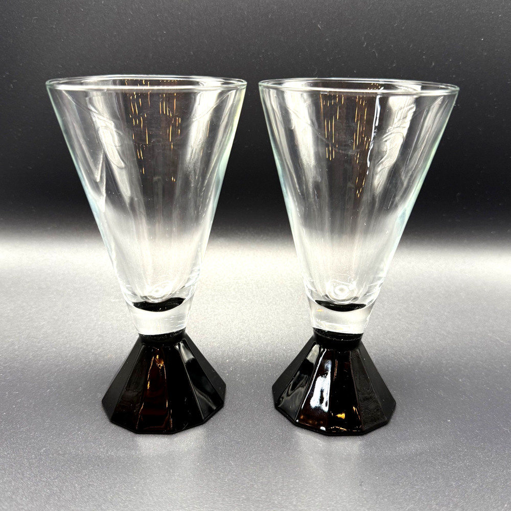 2Cristal D’Arques Durand Cordial Wine Glass Luminarc Art Deco Black Base Vintage