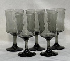Libbey Smoke Gray Optic Swirl Water Goblets Set 5 Wine Glass Vintage MCM 1970s