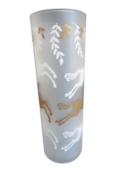 Vintage Libbey Cavalcade Frosted Glass w/ White & Gold Horses 2.5″x 7″
