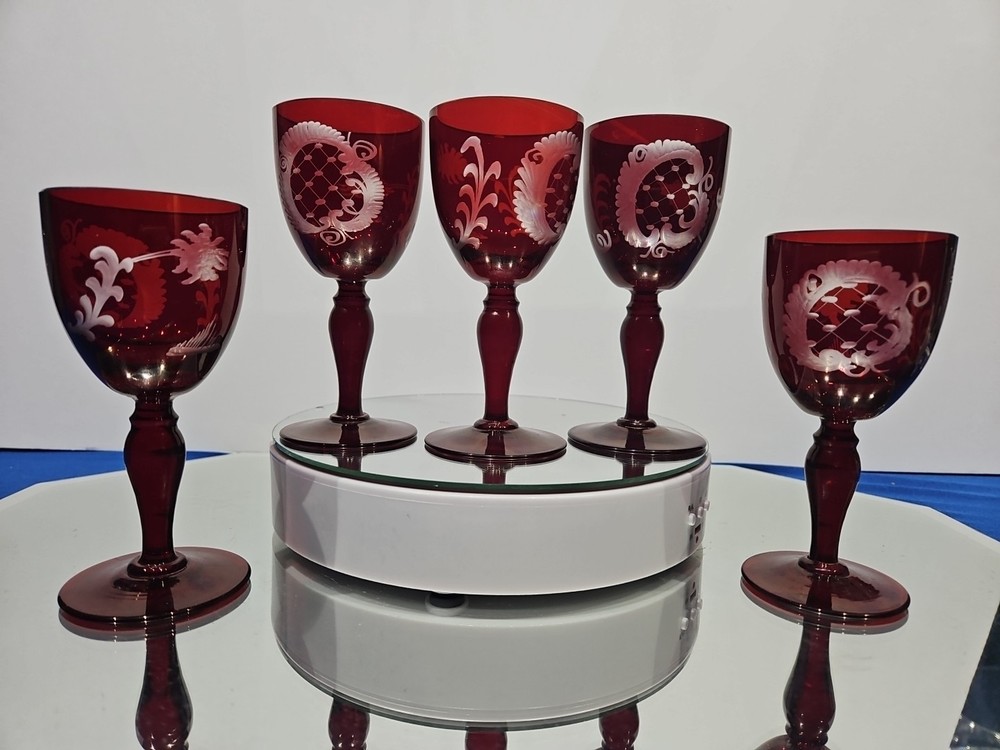 (5) WINE glasses Goblets 5″, bohemian Ruby red flashed & engraved cut to clear