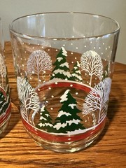Vintage Winter Scene Old Fashioned Glasses Snow Trees Red Stripe 11oz Set of 2
