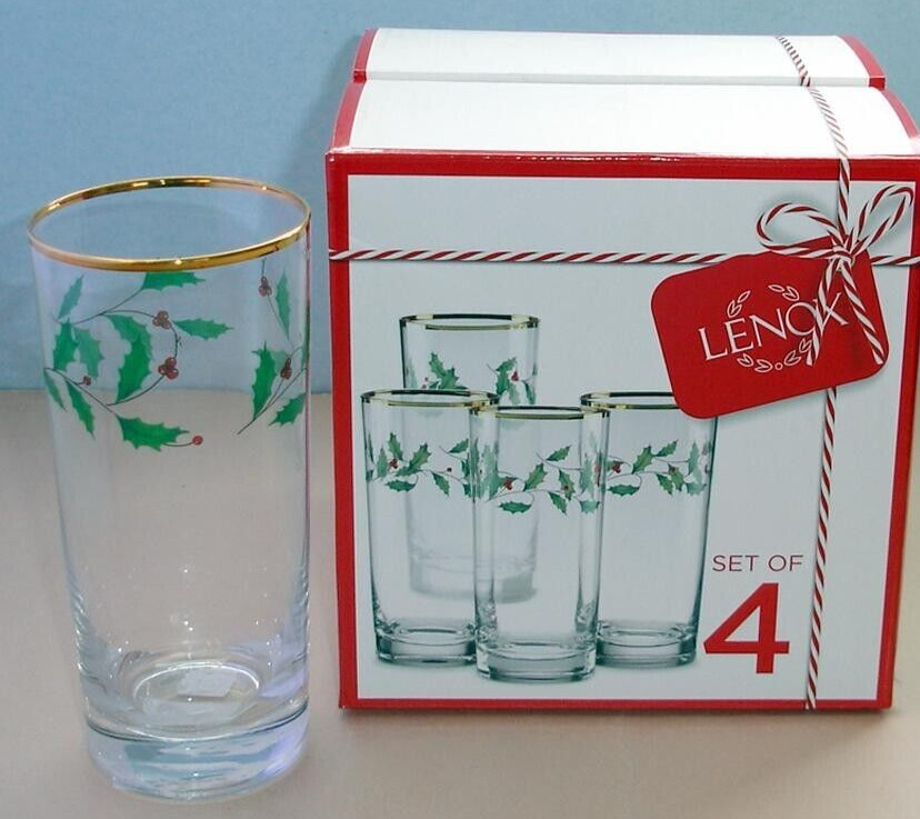 Lenox Holiday Holly Berry SET/4 Highball Glasses 6.25″ Gold Rim 14oz. 849605 New
