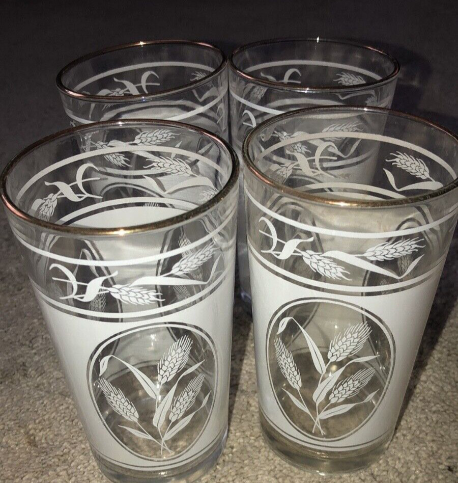 VTG Wheat Print Glass Drinking Glasses Set Of 4 Clear White Gold Trim