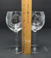Set Of 6 Vintage Gray Cut Etched Crystal Wine Glasses With Floral Design