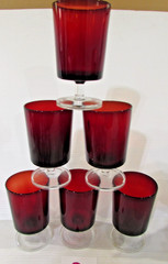 VTG AROROC FRANCE STEMWARE SET OF 6 4 1/2″ TALL RUBY RED W/ CLEAR STEM