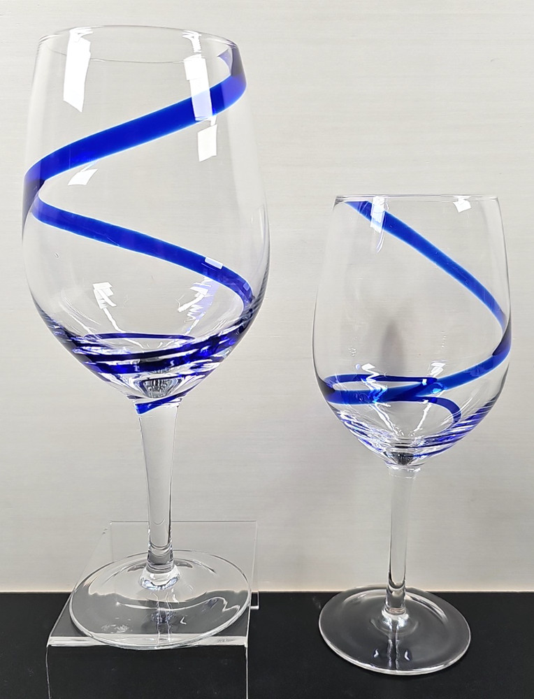 (2) Pier 1 Swirline Cobalt Water Goblets Set Elegant Blue Swirl Stemware Bar Lot