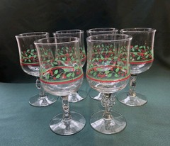 Set of 6 Vintage Arbys Holly Berry Christmas Wine Glasses Bow Stem