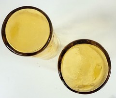 2 Tumblers Amber Pinch Dimple Thumbprint Seeded Textured MCM Drinking Glasses