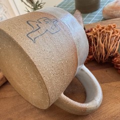 Handmade Ceramic Small Mug – Earthy Two-Tone Coffee Cup with Yoga Illustration