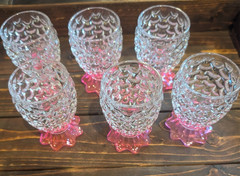 Vintage Set of 6 Clear & Pink Pressed Glass Pinapple Pattern Goblets 5.5″