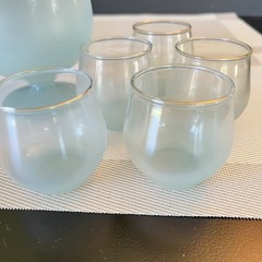 Vintage Frosted Blue Ombre Glass Pitcher & 5 Tumblers Gold Rim | MCM Blendo Set