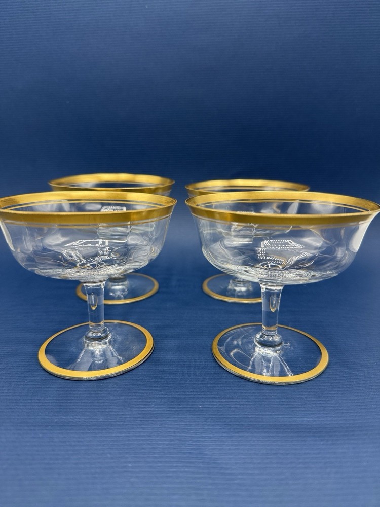 VTG CAMBRIDGE Wedding Band Clear w/Gold Trim Coupe Glasses Set of 4 /rw