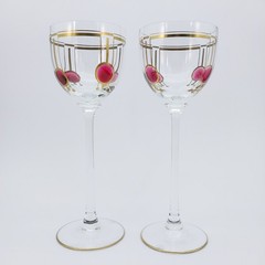 4 Theresienthal Wine Glasses Art Deco Applied Pink Circles Handpainted Gold Set