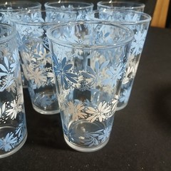 Set Of 9 Anchor Hocking Juice Glasses Blue and White Flowers Vintage