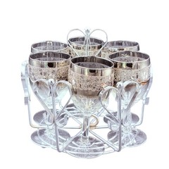 Vtg Vitreon Queens Lusterware Wine Glasses 7 Pc Chrome Heart Caddy Silver Ombre