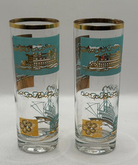 Libbey Southern Comfort Turquoise & Gold High Ball Glasses – 12 oz. (2)