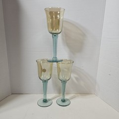 3 Vintage Iridescent Yellow with Thick Green Stems Italian Wine Glasses 8.75″