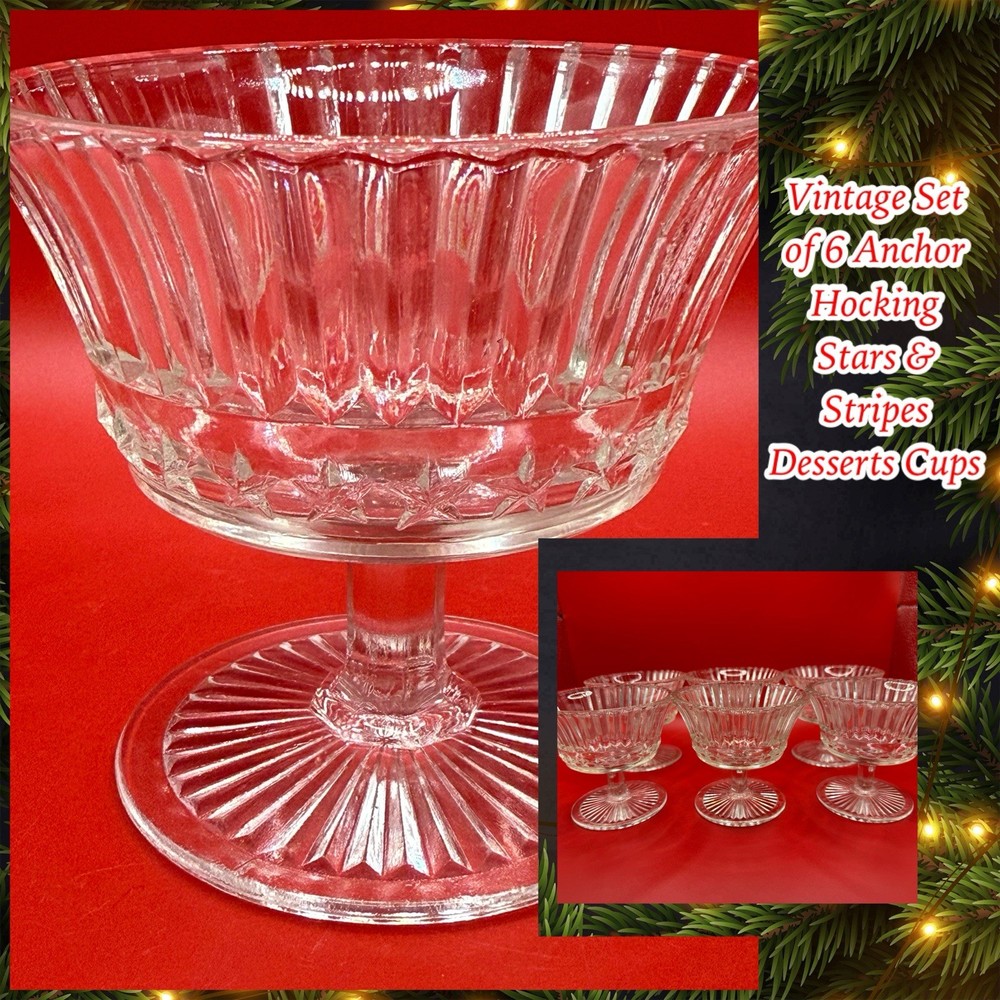 Vintage Set Of 6 Anchor Hocking Stars & Stripes Clear Sherbet Dishes 1940’s