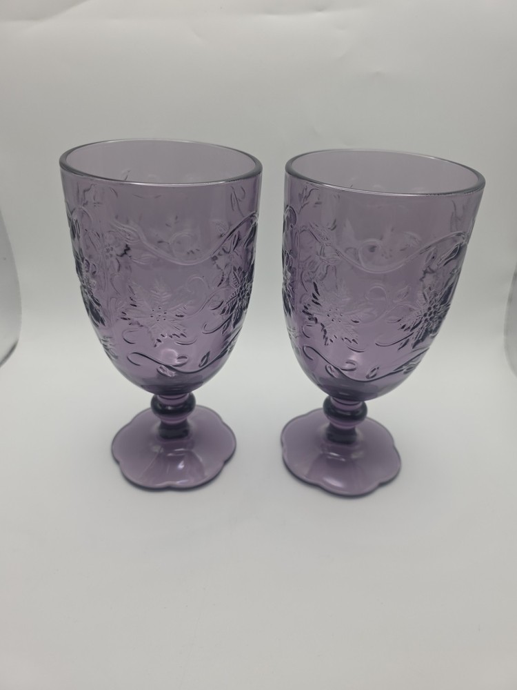 Princess House Fantasia Amethyst Goblet Glasses Set Of 2 Purple Floral Embossed