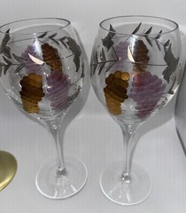 Crystal Etched Wine Glass 9.5″ Gold Purple Grapes 🍇 Silver Vine Hand Painted
