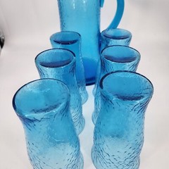 Vintage MCM Blue Crackle Glass Pitcher w Lid and (5) Glasses ICED TEA BARWARE