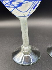 2 Hand Blown Wine Water Glasses Goblet White Blue Cobalt Swirl Clear Base