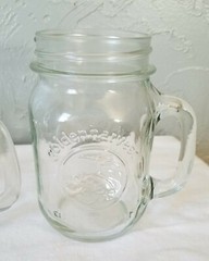 Two Clear Glass Golden Harvest and One Ball Pint Sized Handled Drinking Jars