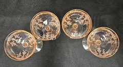 4 PINK Tiffin Fontaine Etched Champagne Tall Sherbet birds Glasses Glass