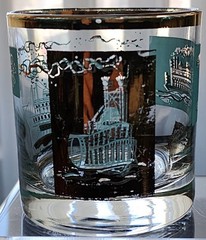 3 Mid Century Modern Libbey Southern Comfort Teal Gold Steamboat Whiskey Tumbler