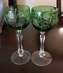 Set of 2 Bohemian Cut to Clear Emerald Green 7.5″ HOCK WINE GLASSES ~ Excellent