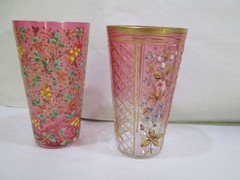 Lot of 2 Moser Bohemian Raised Gold Enamel Rose Berry Scrollwork Cranberry Glass